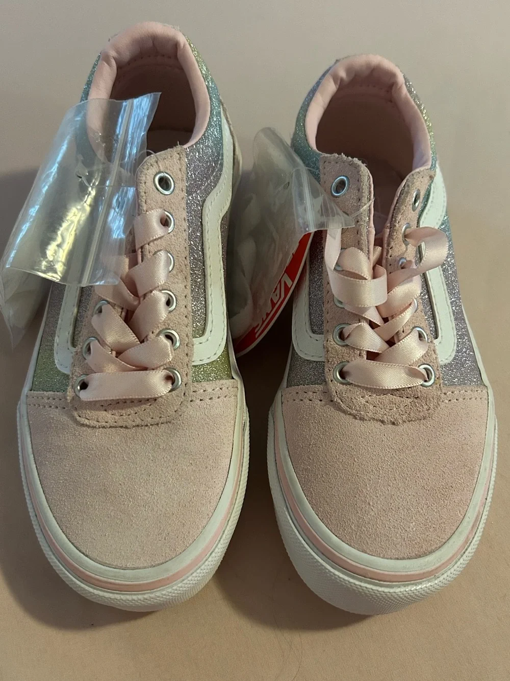 Vans Kids Pink and Iridescent Glitter Low-Top Sneakers